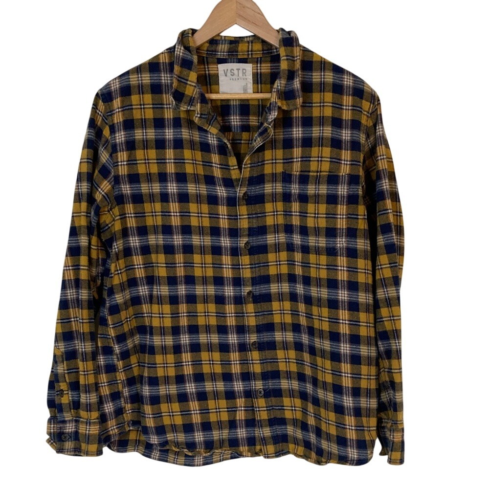VSTR Men's Yellow Blue Plaid Button Up Flannel Shirt‎ Size Large Cotton Classic